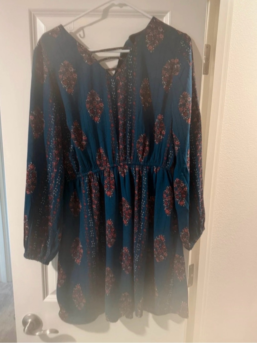 Maurices Teal Floral Long-Sleeve Dress with Rust Accents